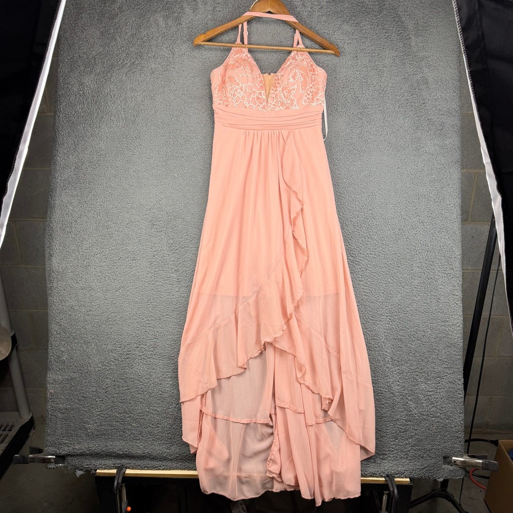 SHEIN Pink Lace Sequin High‎ Low Chiffon Halter Formal Dress Small US 4